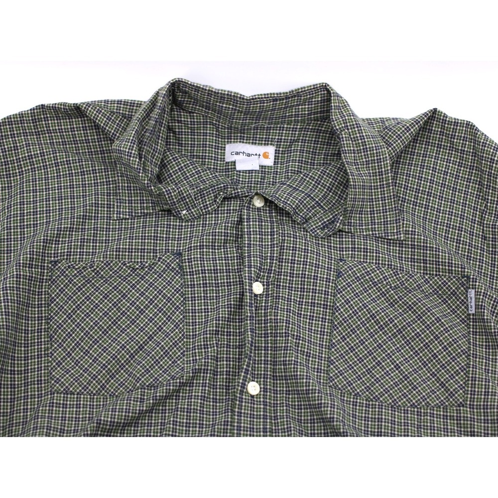 Carhartt Mens 3XL Tall Green Plaid Button Up Long Sleeve Shirt Double Pockets